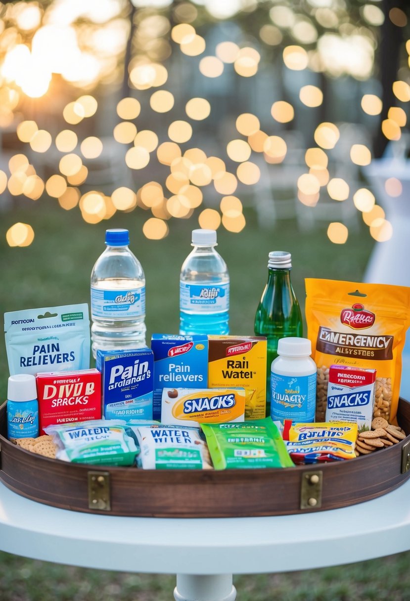 A table displaying various pain relievers, water bottles, snacks, and emergency supplies for a wedding survival kit