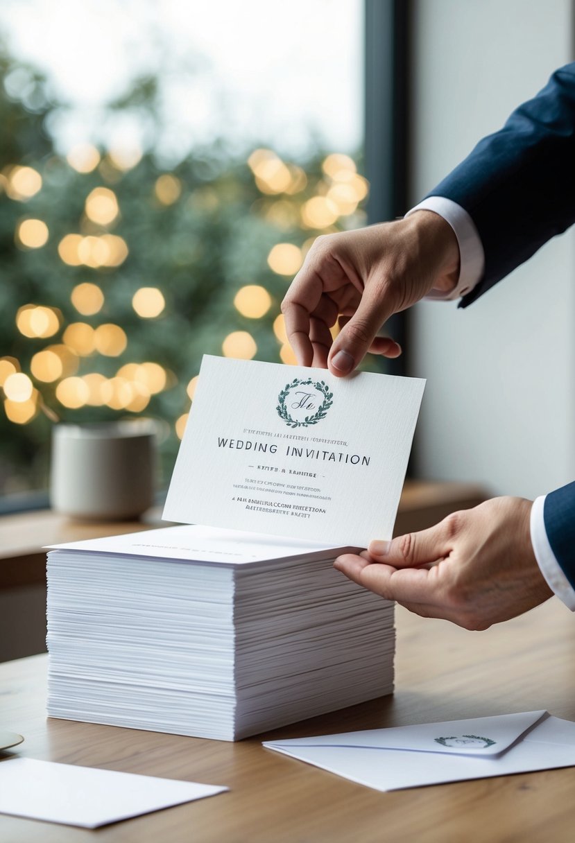 A hand reaching out to place a beautifully designed wedding invitation on a stack of high-quality stationery, ready to be mailed