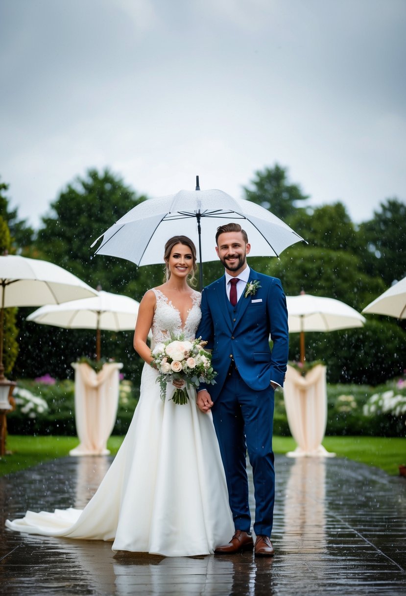 A bride and groom stand under a stylish tent, surrounded by elegant umbrellas and draped fabric, as rain falls gently around them