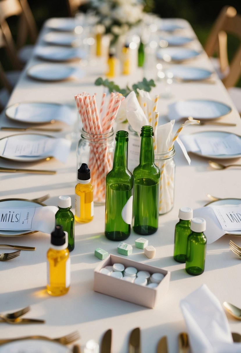 A table scattered with straws, mini bottles, mints, and tissues for a wedding survival kit