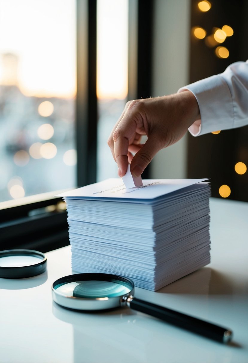 A hand reaching for a stack of wedding invitations, with a magnifying glass nearby for double-checking the address spelling