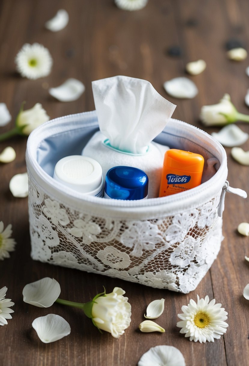 A white lace pouch filled with baby powder, tissues, and mini deodorant, surrounded by scattered flower petals and wedding decor