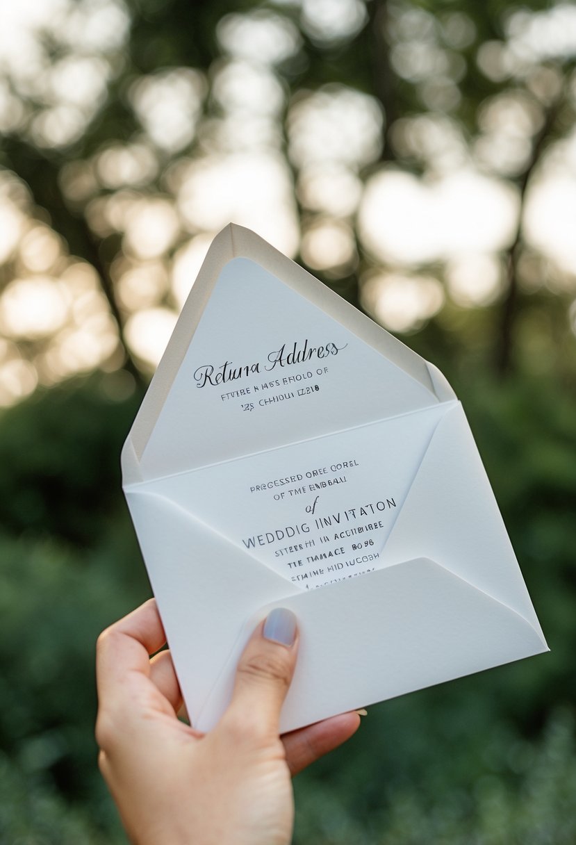 A hand holding a wedding invitation envelope with the back flap open, revealing a return address neatly written in the upper left corner