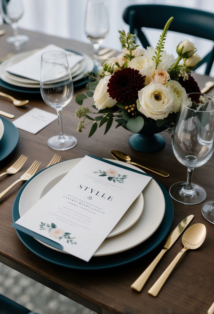 A stylish wedding table setting with coordinated stationery, flowers, and decor in a modern, elegant style