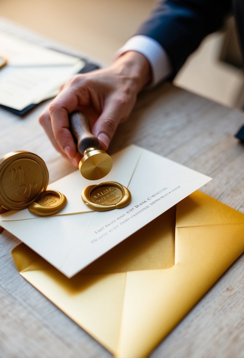 A Professor carefully seals wedding invitations with a wax stamp before placing them in a golden envelope