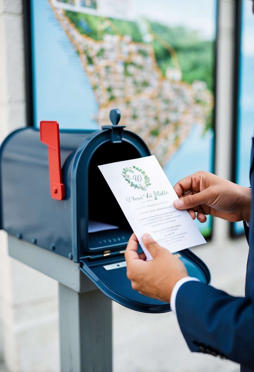 A hand placing a wedding invitation into a mailbox, with a detailed map of the location in the background