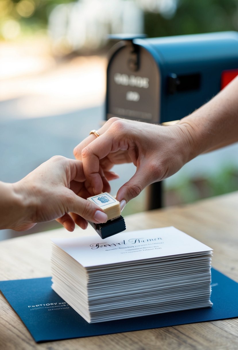 A hand placing a Forever stamp on a stack of wedding invitations, with a mailbox in the background