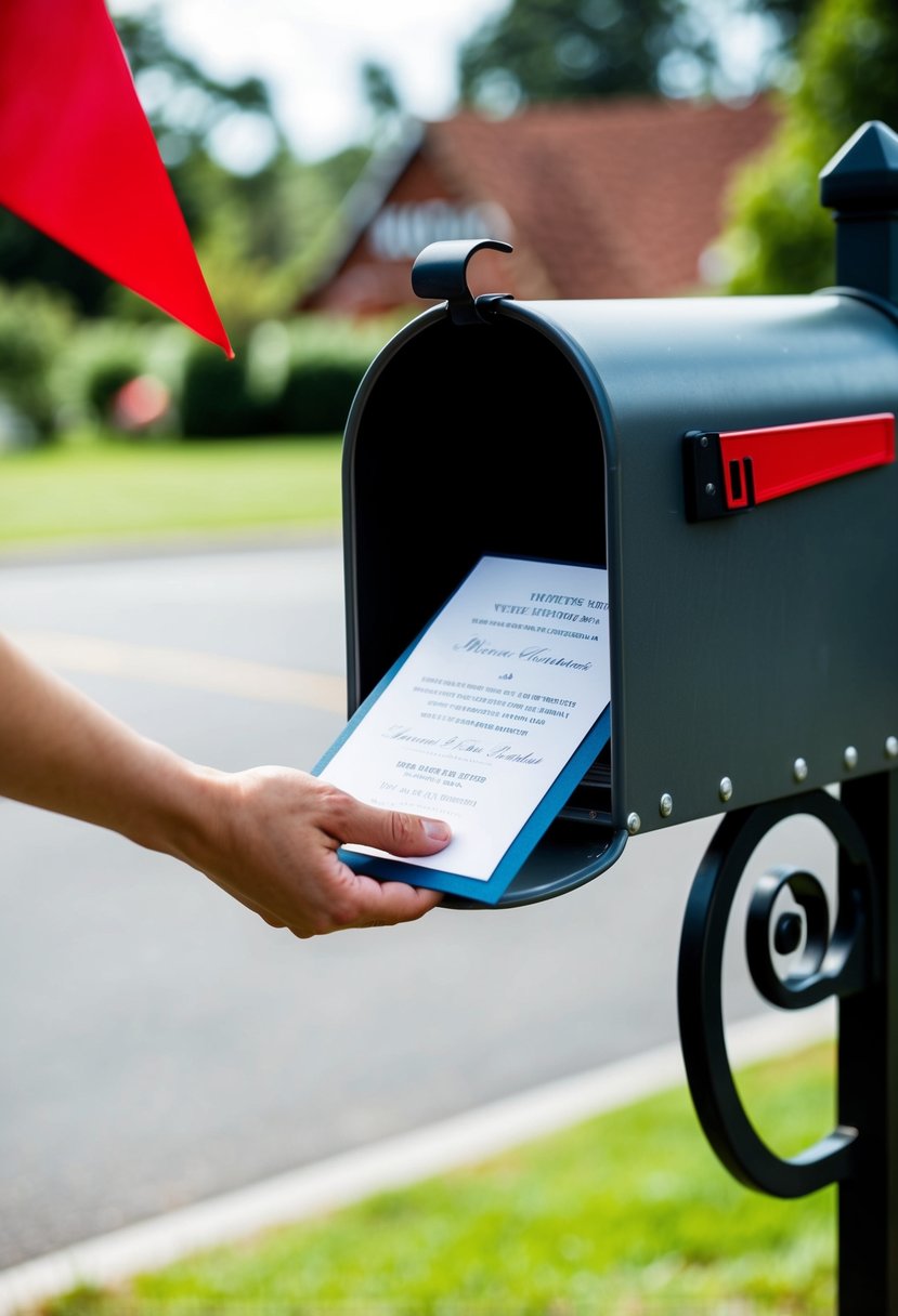 A hand places a wedding invitation into a mailbox with a red flag raised