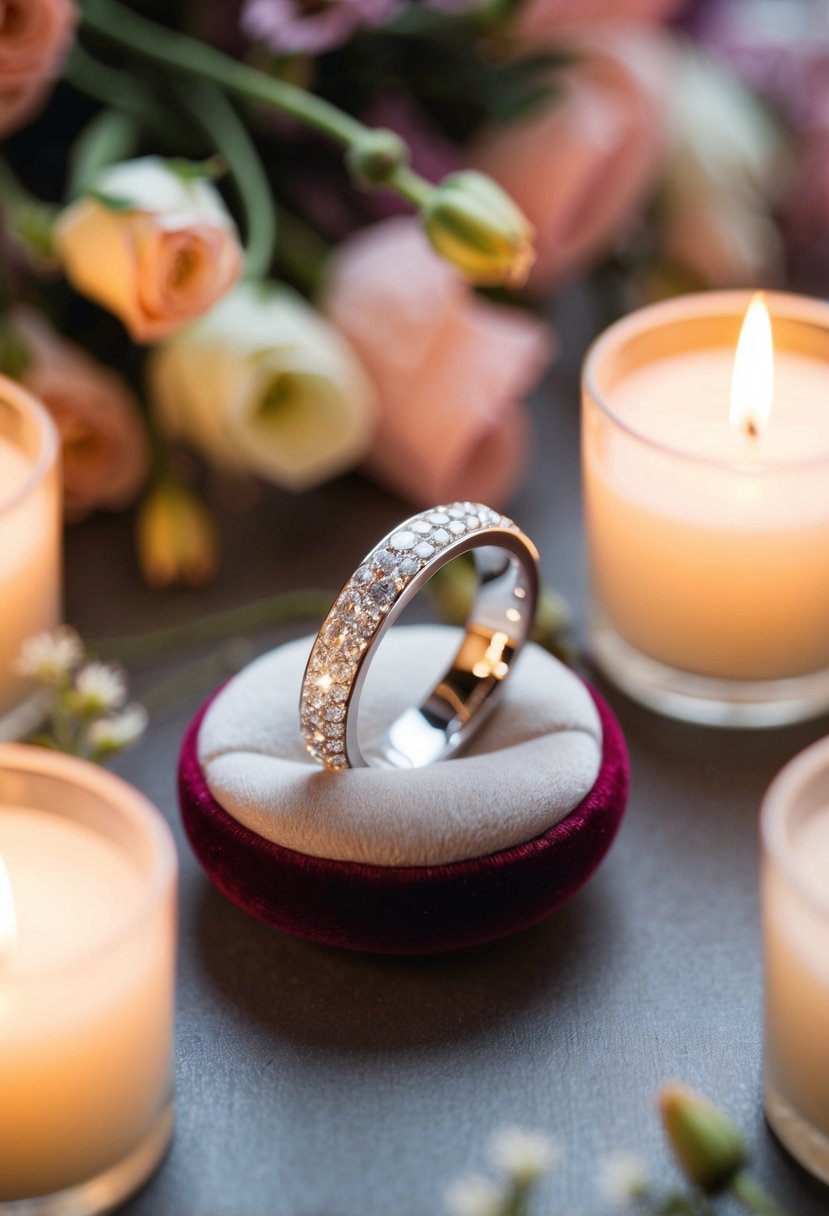 A sparkling wedding band rests on a velvet cushion, surrounded by delicate flowers and soft candlelight