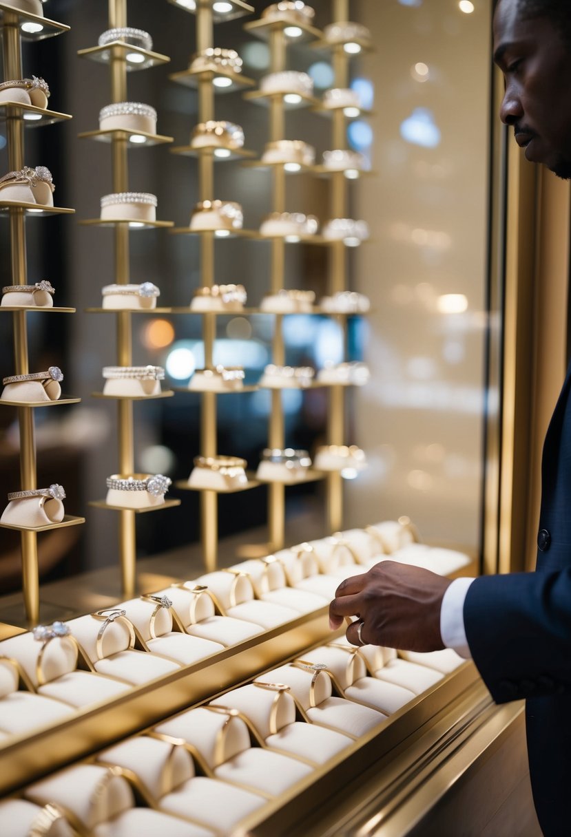 A person browsing through a variety of wedding bands displayed in a jewelry store window