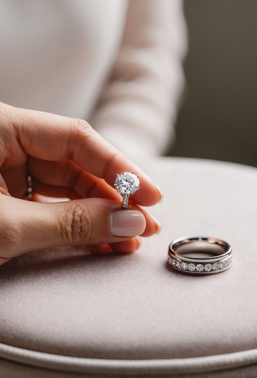 A delicate hand holds a sparkling engagement ring, while a matching metal wedding band rests nearby on a soft velvet surface