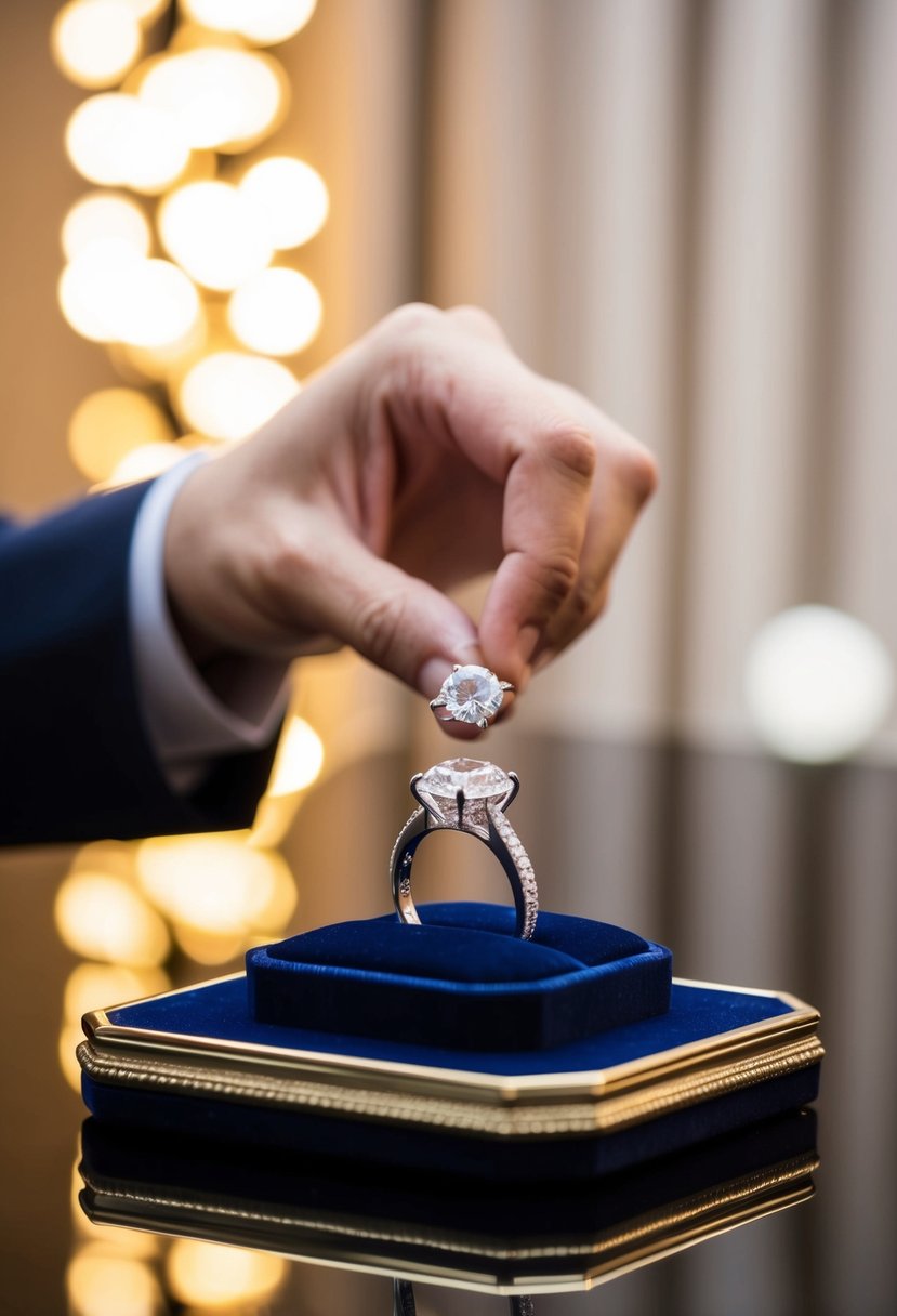 A jeweler presenting a selection of diamond engagement rings on a velvet display tray, with soft lighting and a luxurious backdrop