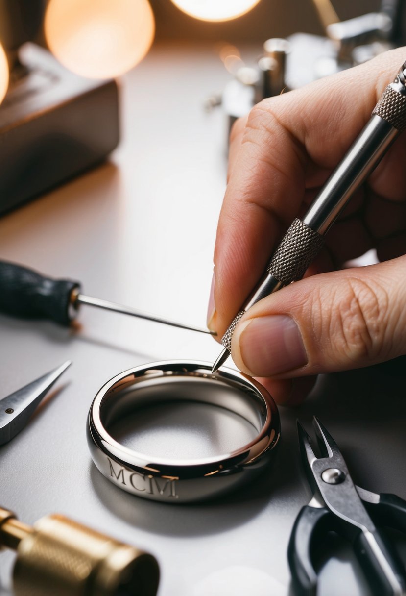 A jeweler carefully engraves initials onto a sleek wedding band, surrounded by delicate tools and soft lighting