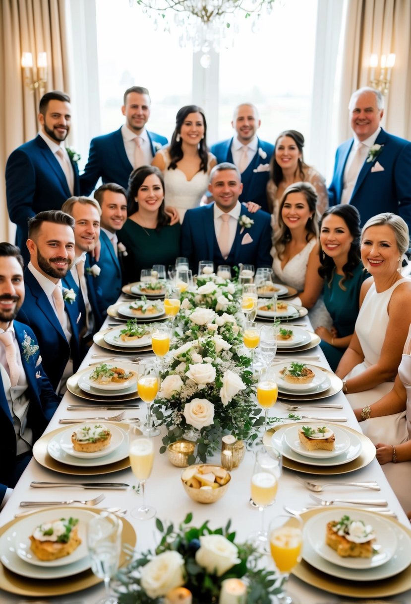 A beautifully decorated table with an array of elegant dishes and drinks, surrounded by happy guests celebrating a wedding