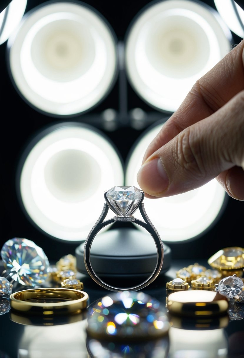 A jeweler carefully inspects a sparkling diamond ring under bright lights, surrounded by other glittering gemstones and precious metals