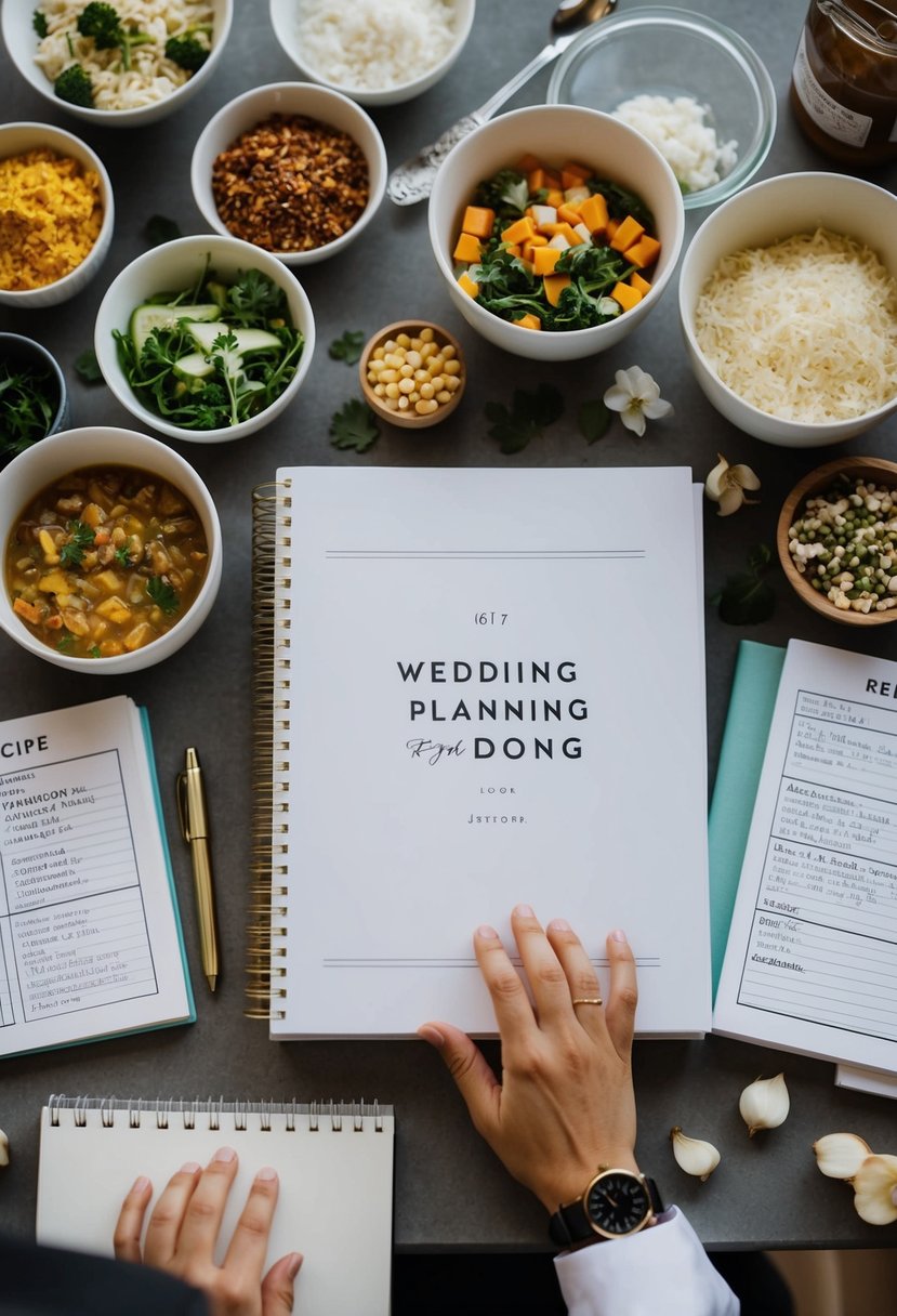 A person with a wedding planning book surrounded by recipe books, food ingredients, and a notepad, brainstorming and organizing a menu for their own wedding