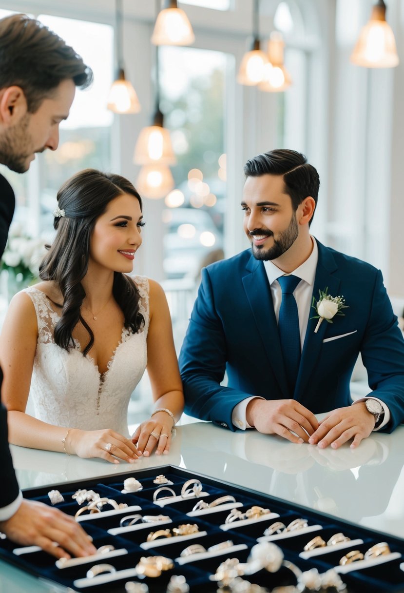 A couple sits at a table, discussing wedding ring options. A display of rings is spread out in front of them, while a salesperson assists