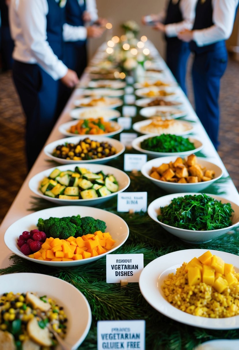 A wedding banquet table with diverse food options, including vegetarian, gluten-free, and dairy-free dishes, labeled with dietary restriction symbols