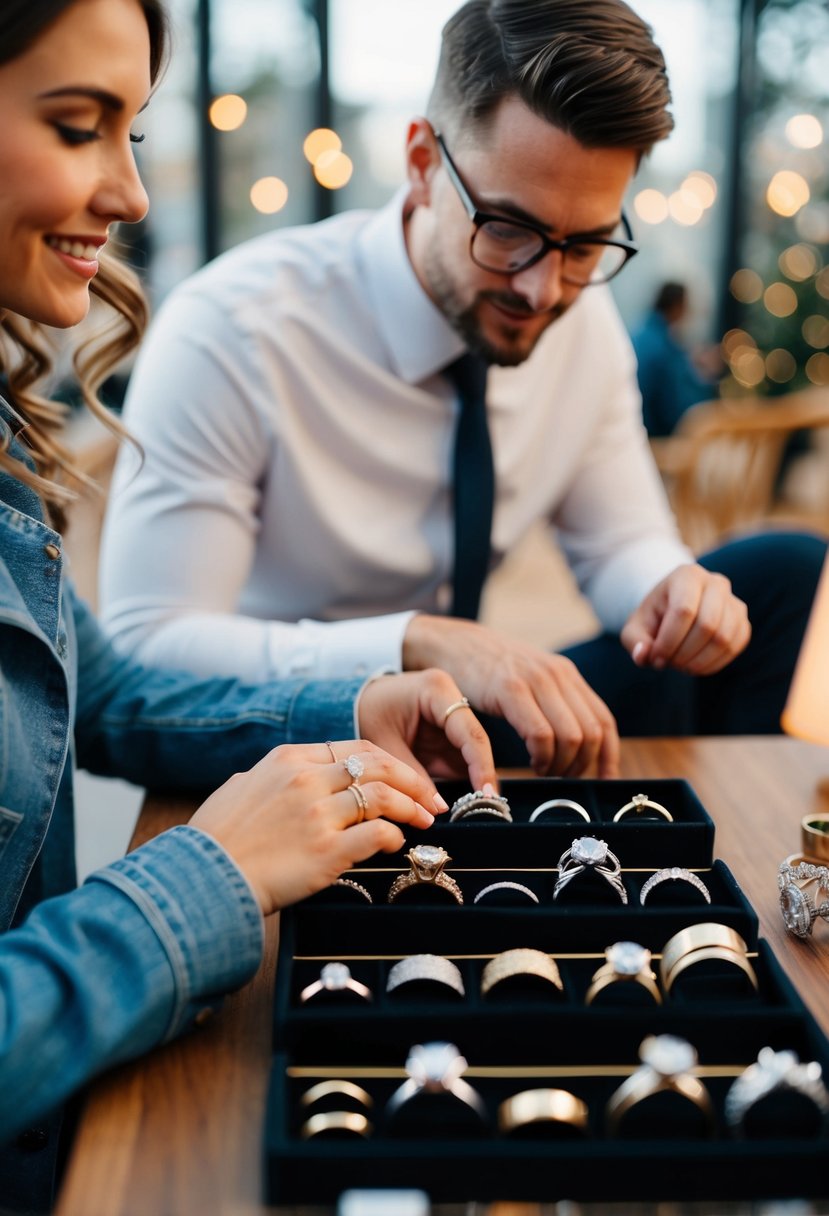 A couple browsing through a variety of metal wedding rings, each reflecting their unique lifestyle and personality