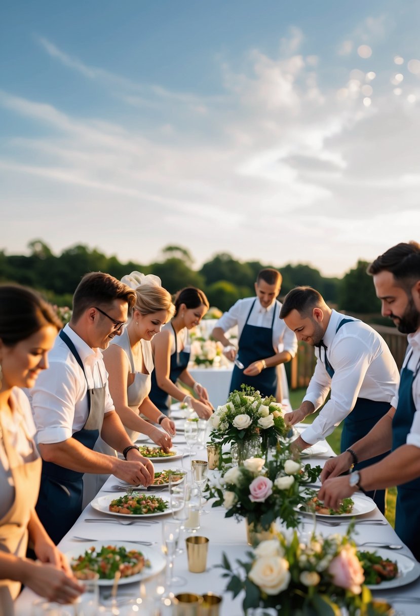 A group of people setting up tables, arranging flowers, and preparing food for a wedding reception