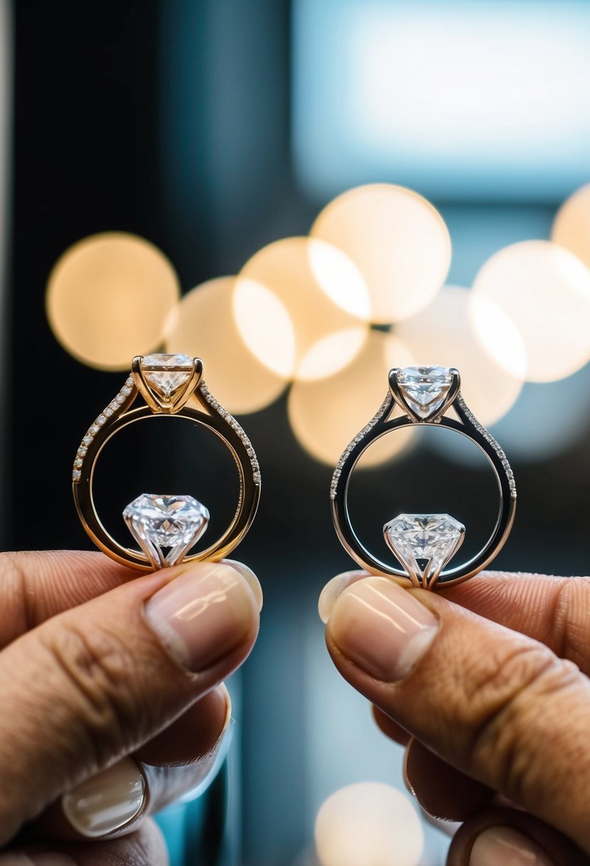 A jeweler presents two identical wedding rings, one made with natural diamonds and the other with lab-grown diamonds, under bright lighting to highlight their differences