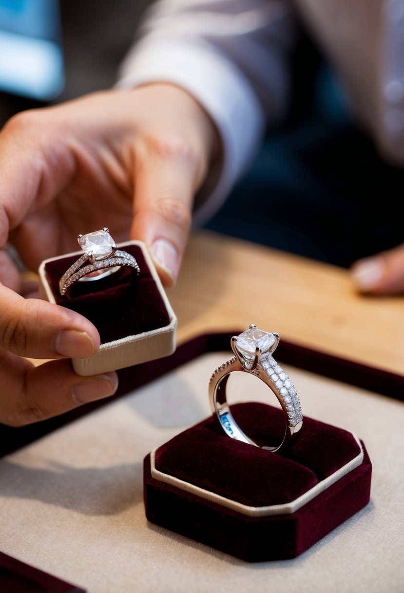 A jeweler presenting a sparkling engagement ring alongside a matching wedding band on a velvet display tray