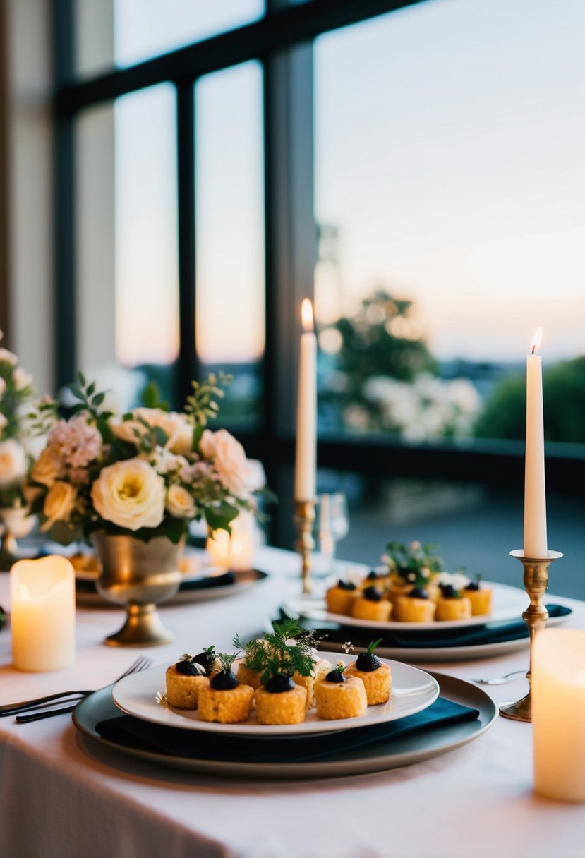 A table with a few elegant, yet simple, food options displayed on platters and trays, surrounded by floral arrangements and candles