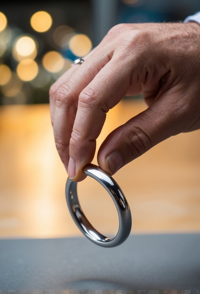 A hand reaching out to grab a metal ring, testing its strength by bending and twisting it