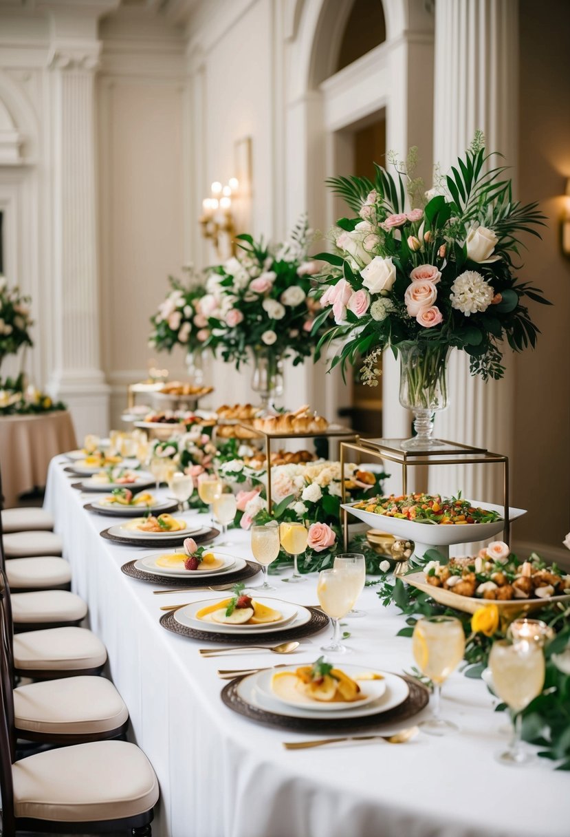 A beautifully set table with elegant place settings, floral centerpieces, and a variety of delectable dishes displayed on a buffet