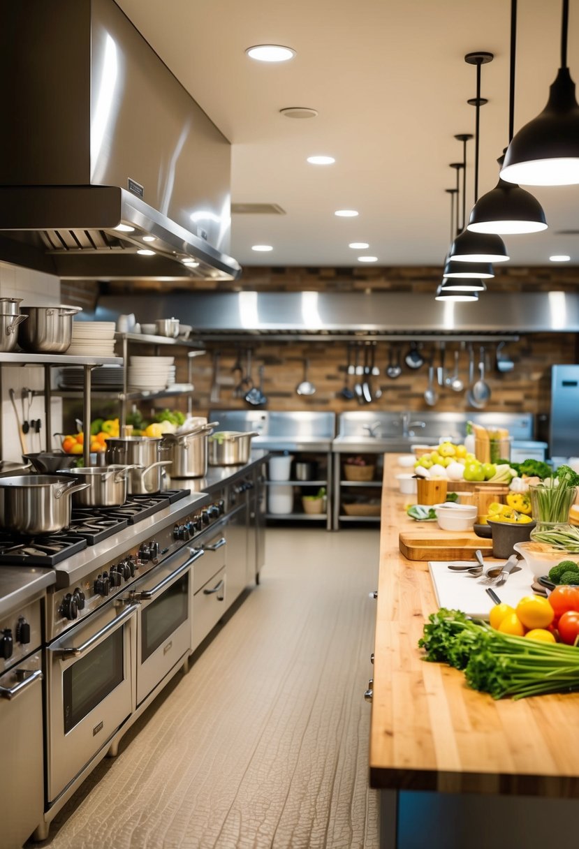 A bustling kitchen with organized prep stations, a large stove, and a long counter filled with fresh ingredients and cooking utensils