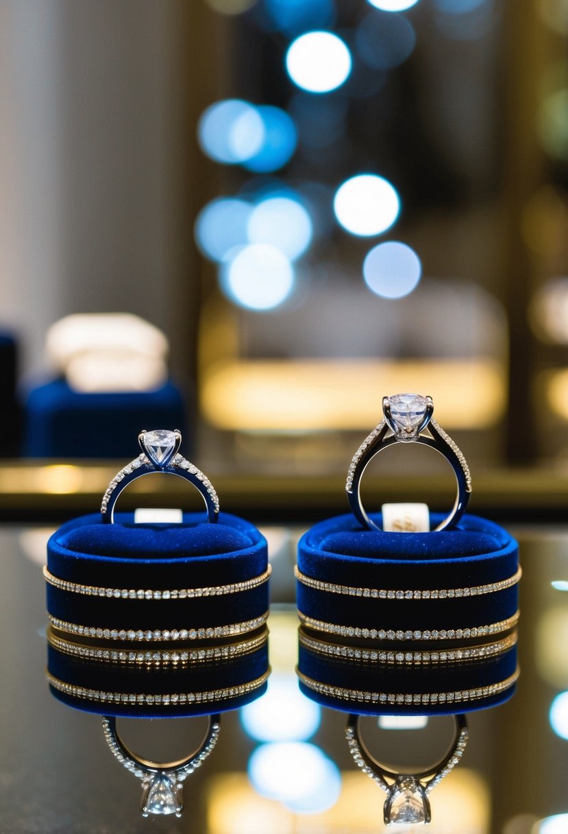 A sparkling engagement ring and wedding band sit side by side on a velvet display, reflecting the light in a luxurious jewelry store