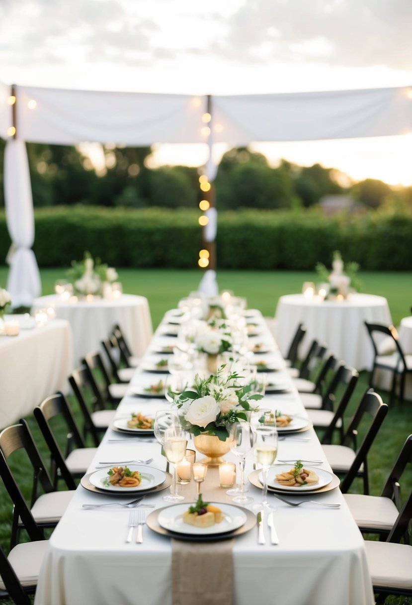 A table set with elegant, yet budget-friendly, dishes for a wedding reception. Simple, stylish presentation and a variety of delicious options