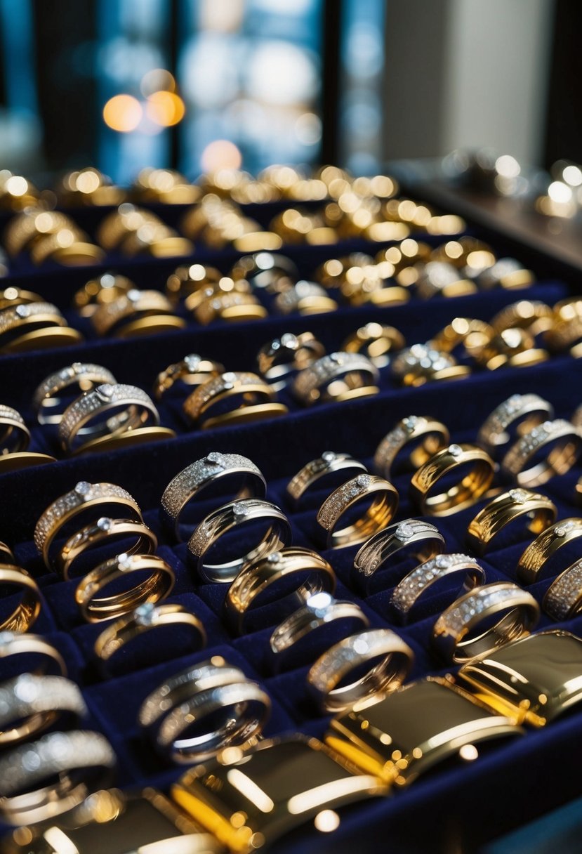 A gleaming array of gold, platinum, and other metals arranged on a velvet display, catching the light and showcasing wedding band options