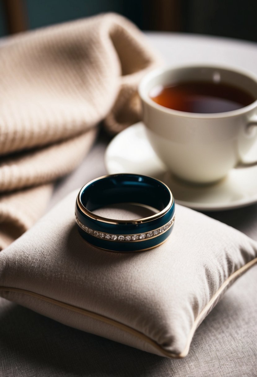 A wedding band resting on a soft cushion, surrounded by a cozy blanket and a cup of tea on a table