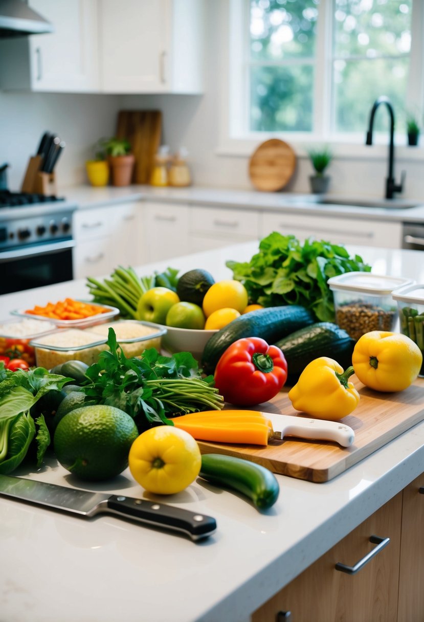 Fresh produce and ingredients arranged on a clean kitchen counter, with cutting boards, knives, and food containers ready for prep