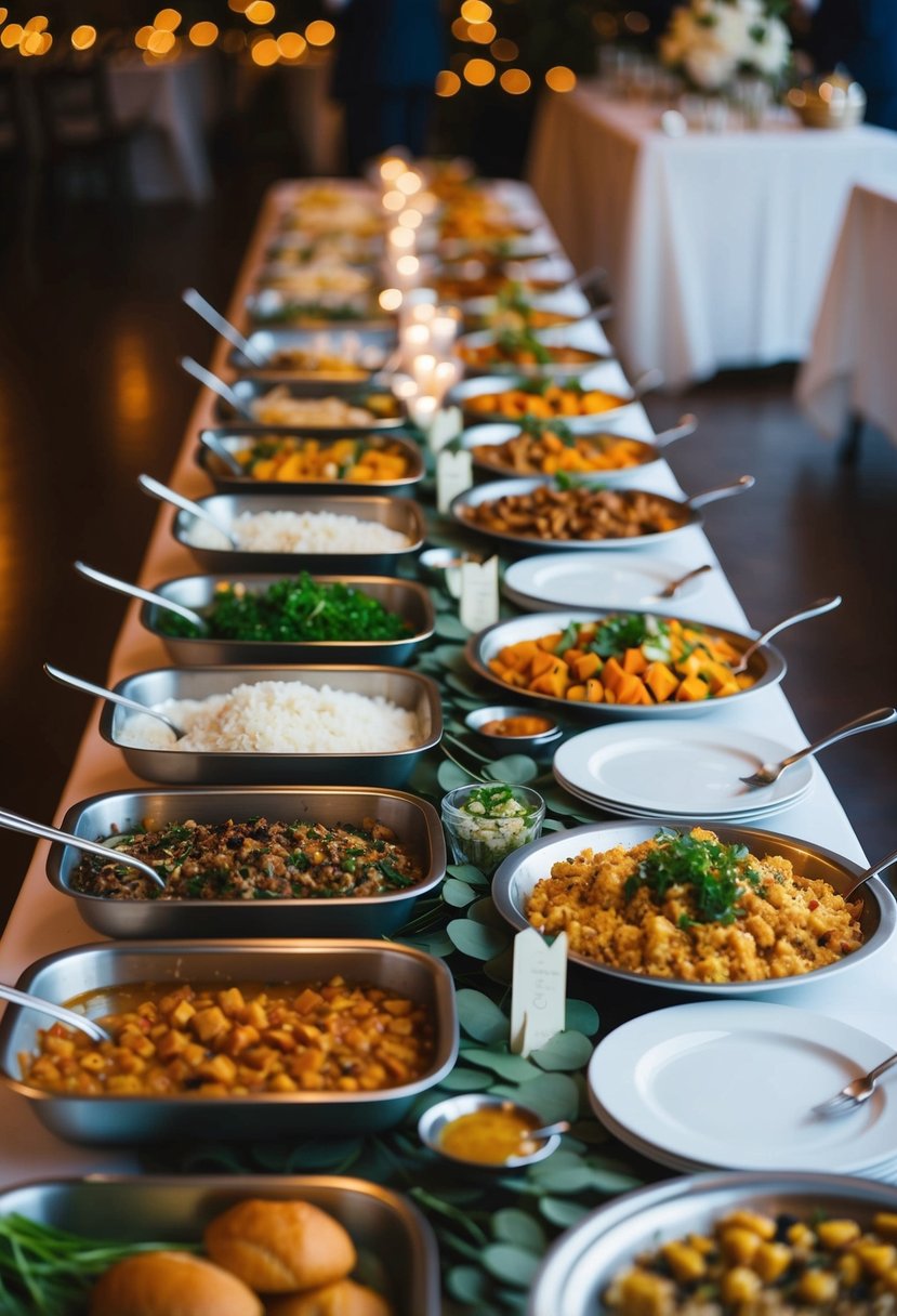 A long table with a variety of food dishes, utensils, and serving platters set up for self-service at a wedding reception