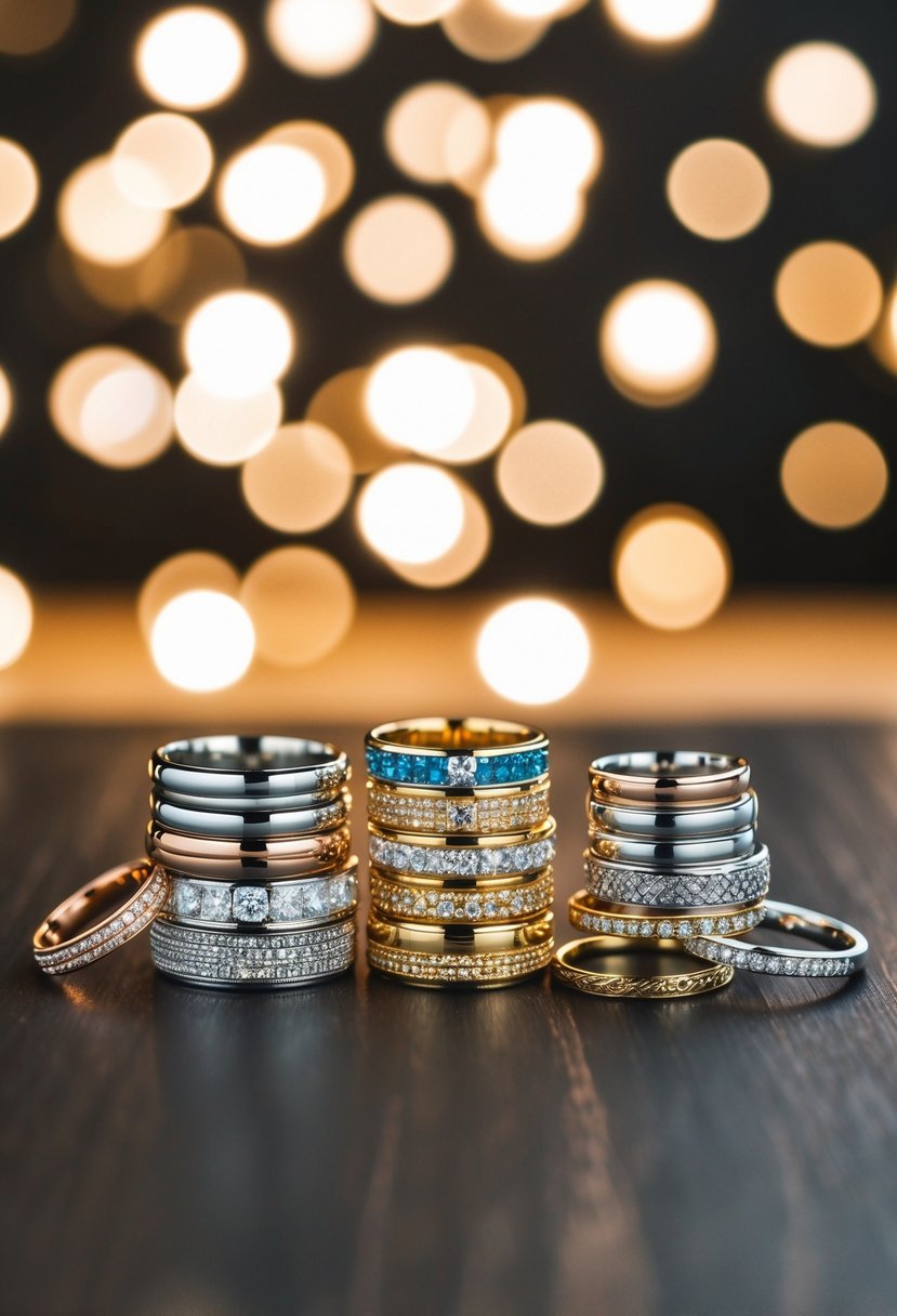 A collection of various metal wedding bands arranged in a stylish and artistic manner