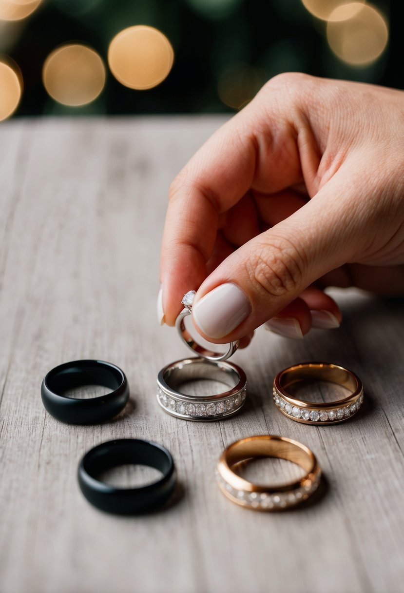 A hand reaching for a wedding ring, comparing different widths for comfort and fit