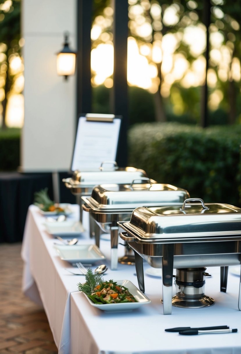 A table set with catering equipment, including chafing dishes, serving platters, and utensils. A checklist and pen nearby