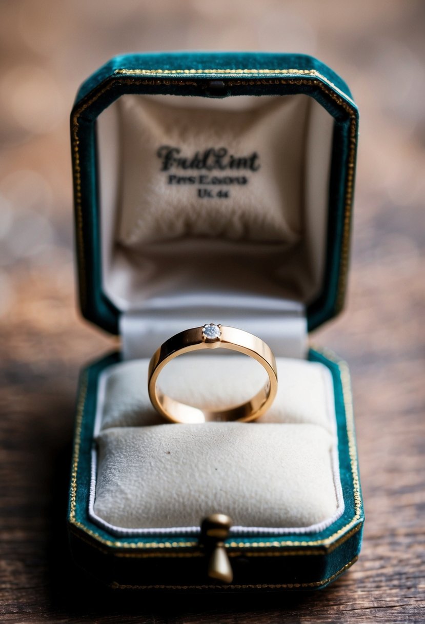 A simple, elegant wedding band displayed on a velvet cushion in a vintage jewelry box