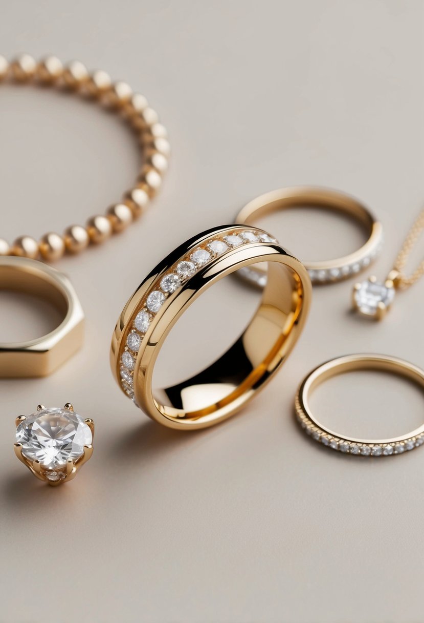 A classic gold wedding band surrounded by elegant, minimalist jewelry and a neutral color palette