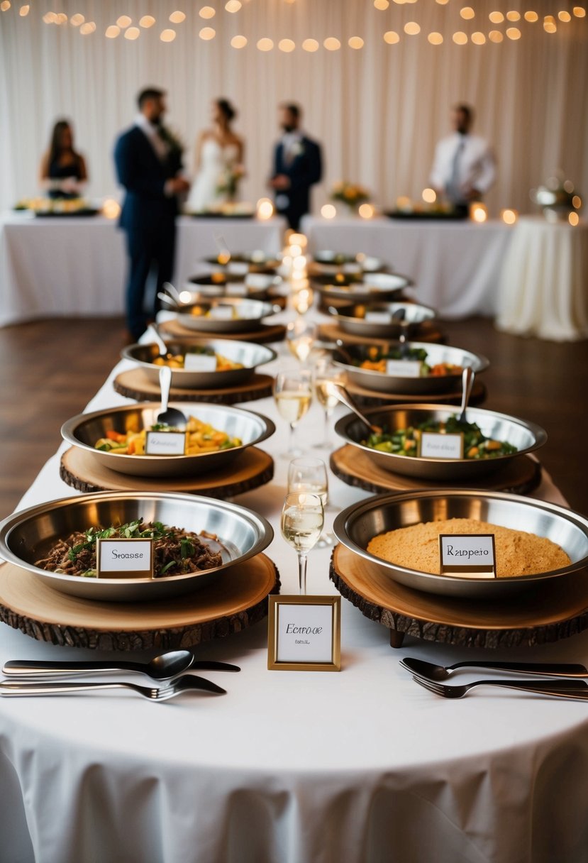 A banquet table with labeled platters and serving utensils for various food stations at a wedding reception