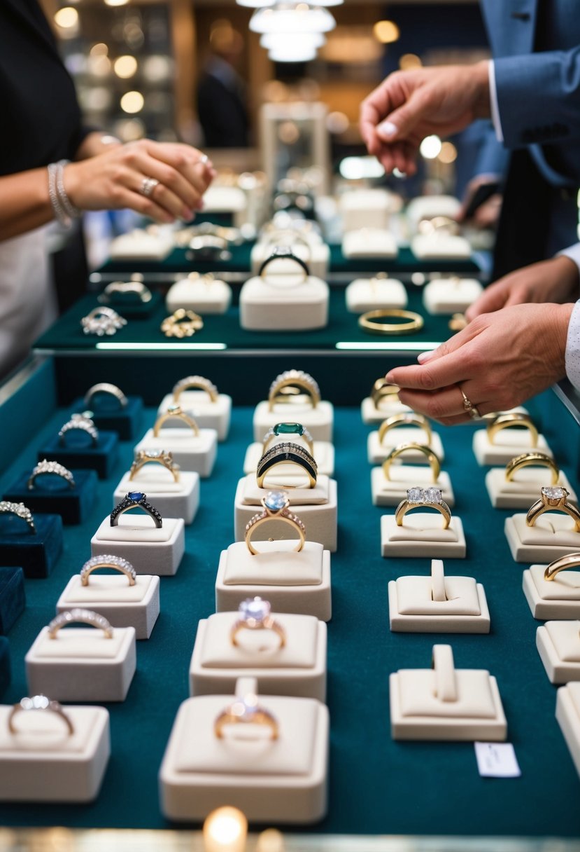 Various jewelers' displays showcase a wide array of wedding bands in different styles and materials. Customers browse and compare options