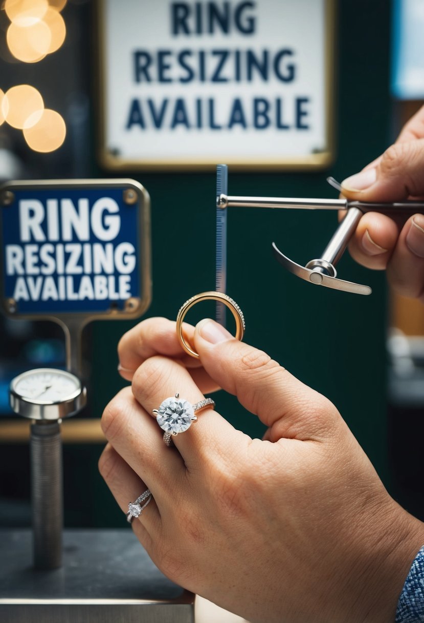 A jeweler's hand holds a wedding ring, while a measuring tool hovers nearby. A sign advertises "Ring Resizing Available" in the background