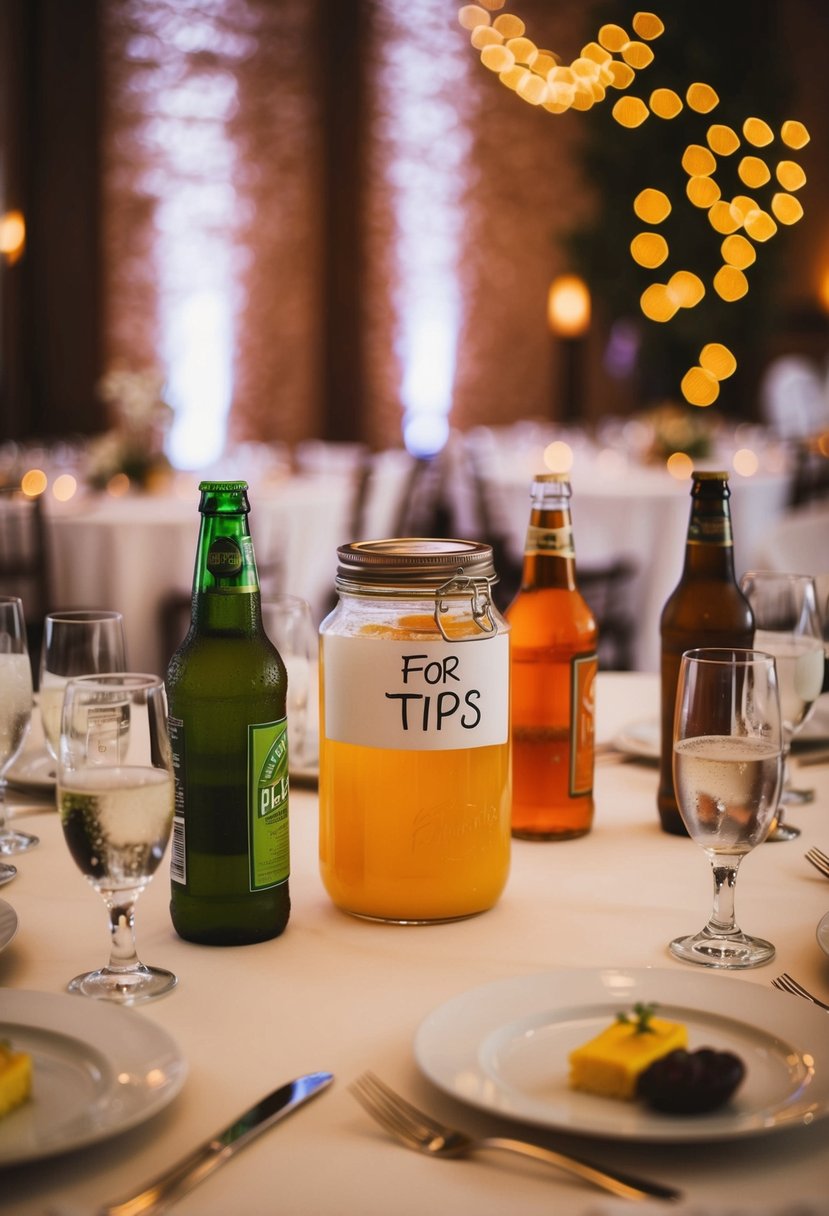 A table set with various beverages and a jar for tips at a wedding reception