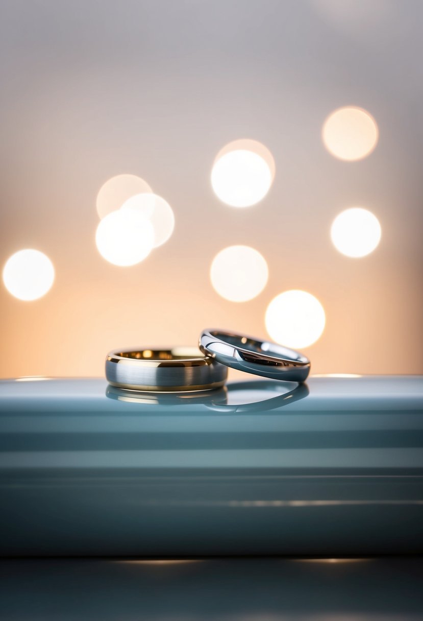 A close-up of two wedding bands resting side by side on a smooth, reflective surface, with a soft light illuminating the scene from above