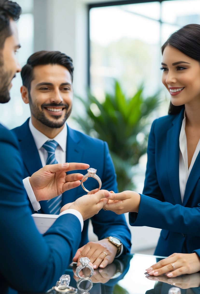 A jeweler presenting a variety of wedding rings to a couple, while a representative discusses ring insurance policy options