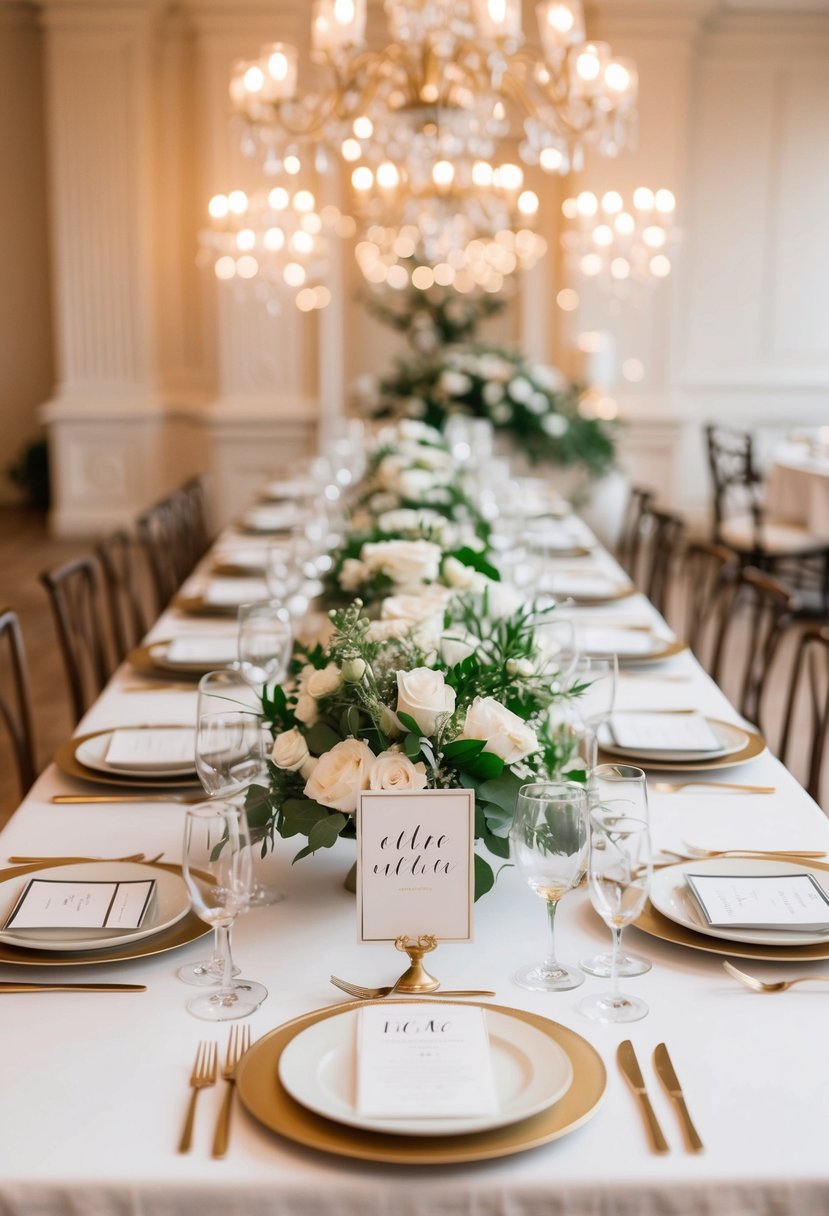 A table with a variety of labeled dishes, surrounded by elegant wedding decor