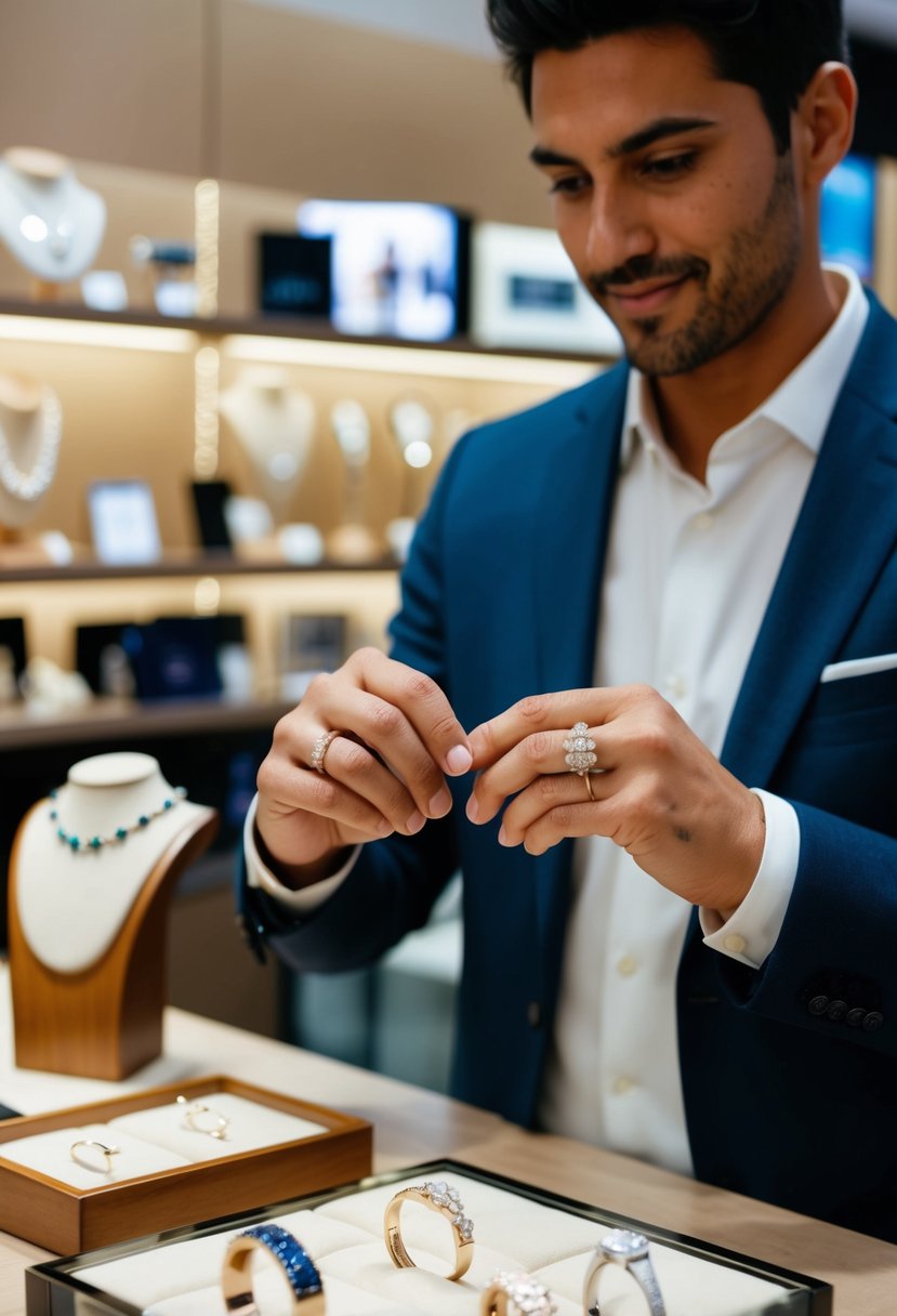 A person trying on different wedding bands at a jewelry store, with various lifestyle items displayed in the background