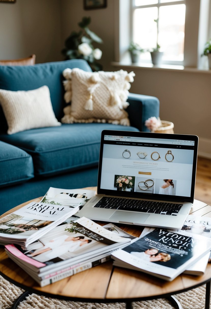 A cozy living room with a coffee table covered in bridal magazines and a laptop open to a wedding ring website